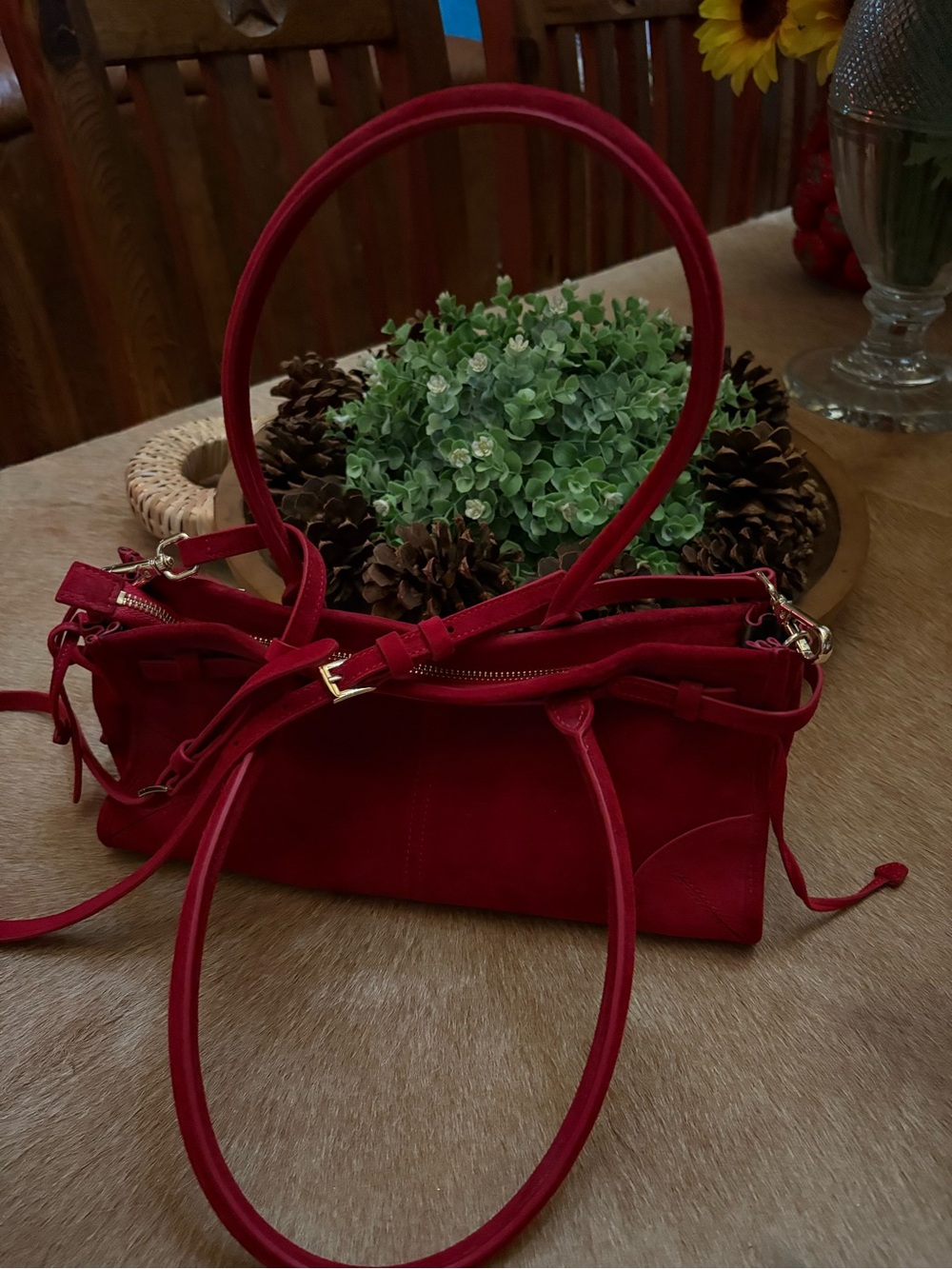Anthropologie Red Suede Shoulder Bag with Gold Hardware